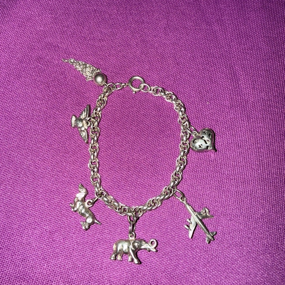 Sterling Silver Bracelet Dachshund Elephant Airplane Heart Bird Charms 24 grams